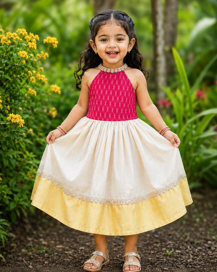 Sandal and pink combo traditional halter neck Kerala frock for baby girl – front view, Stanwells Kids