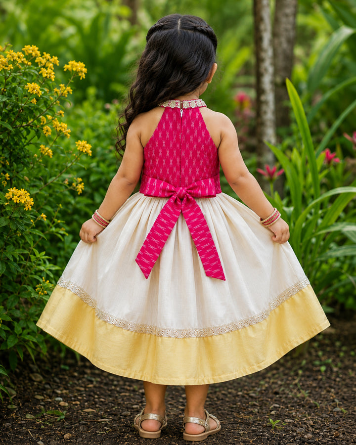Sandal and pink combo traditional halter neck Kerala frock for baby girl – front view, Stanwells Kids