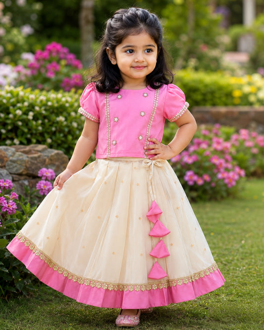 Sandal and pink silk traditional handwork lehenga choli for baby girl – front view, Stanwells Kids