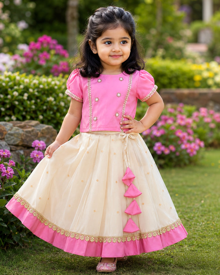 Sandal and pink silk traditional handwork lehenga choli for baby girl – front view, Stanwells Kids