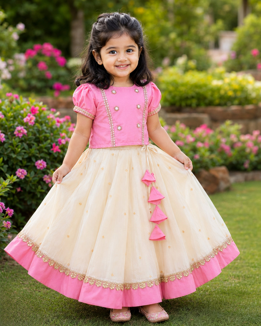 Sandal and pink silk traditional handwork lehenga choli for baby girl – front view, Stanwells Kids
