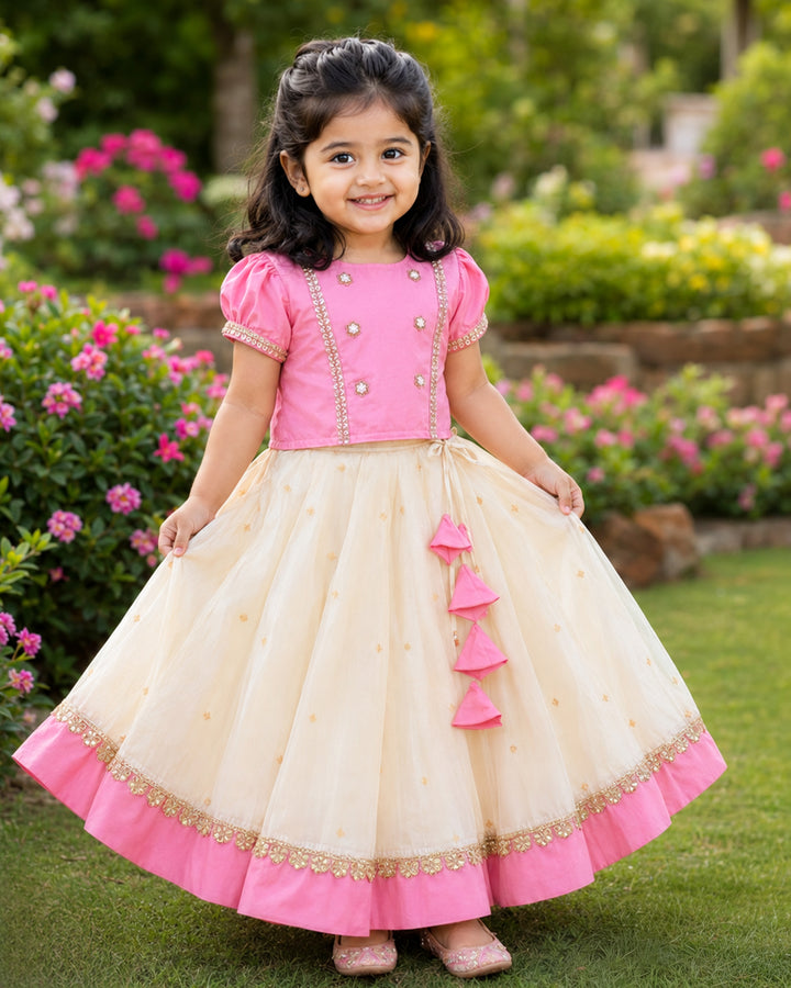 Sandal and pink silk traditional handwork lehenga choli for baby girl – front view, Stanwells Kids