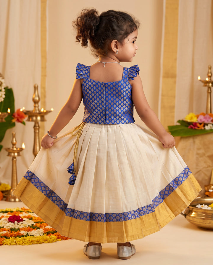 Sandal royal blue traditional Kerala kasavu lehenga choli for baby girl – Stanwells Kids