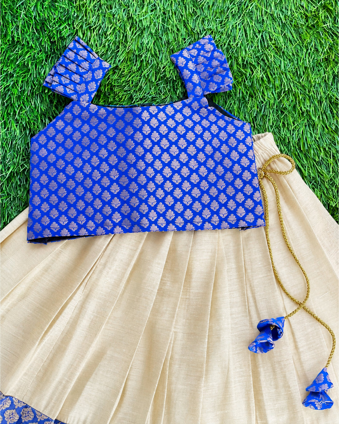 Sandal Royal Blue Kerala Kasavu Lehenga Choli – festive Diwali look for toddler girl – Stanwells Kids