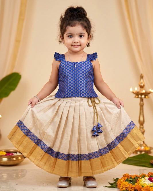 Sandal royal blue traditional Kerala kasavu lehenga choli for baby girl – Stanwells Kids