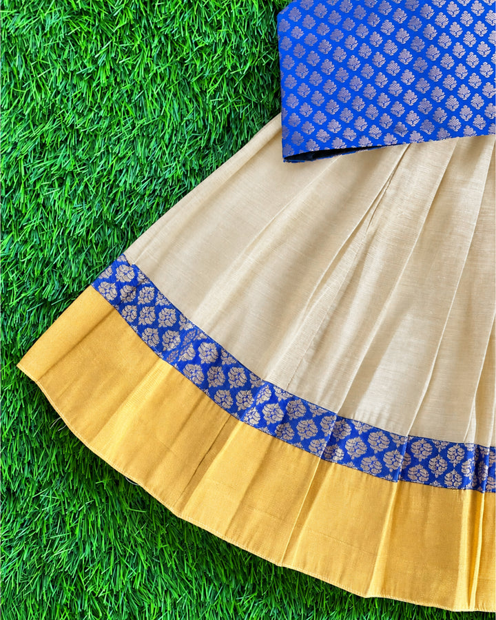Sandal Royal Blue Kerala Kasavu Lehenga Choli – traditional Deepavali wear for little girls – Stanwells Kids