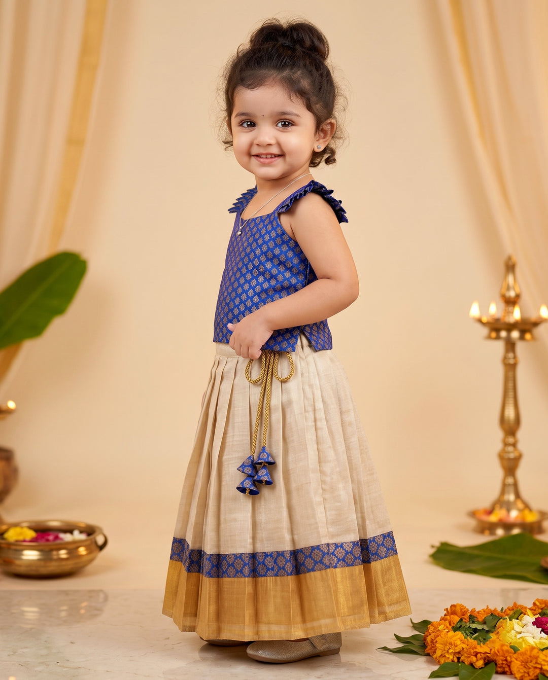 Sandal royal blue traditional Kerala kasavu lehenga choli for baby girl – Stanwells Kids