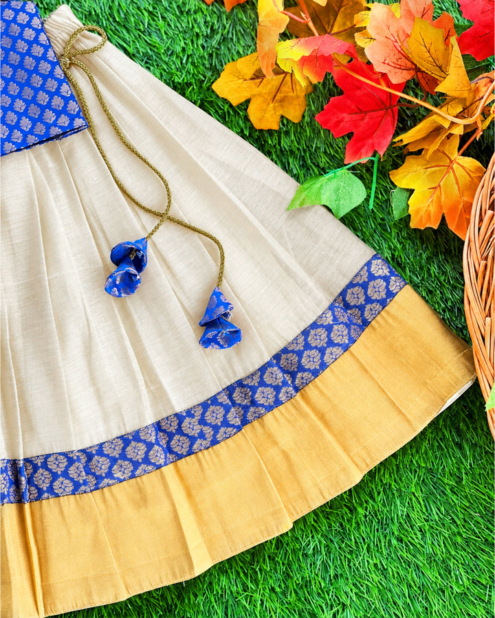 Sandal Royal Blue Kerala Kasavu Lehenga Choli – Diwali family photoshoot outfit – Stanwells Kids
