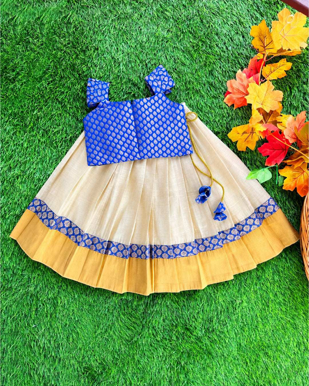 Sandal Royal Blue Kerala Kasavu Lehenga Choli – Diwali celebration dress for baby girl – Stanwells Kids