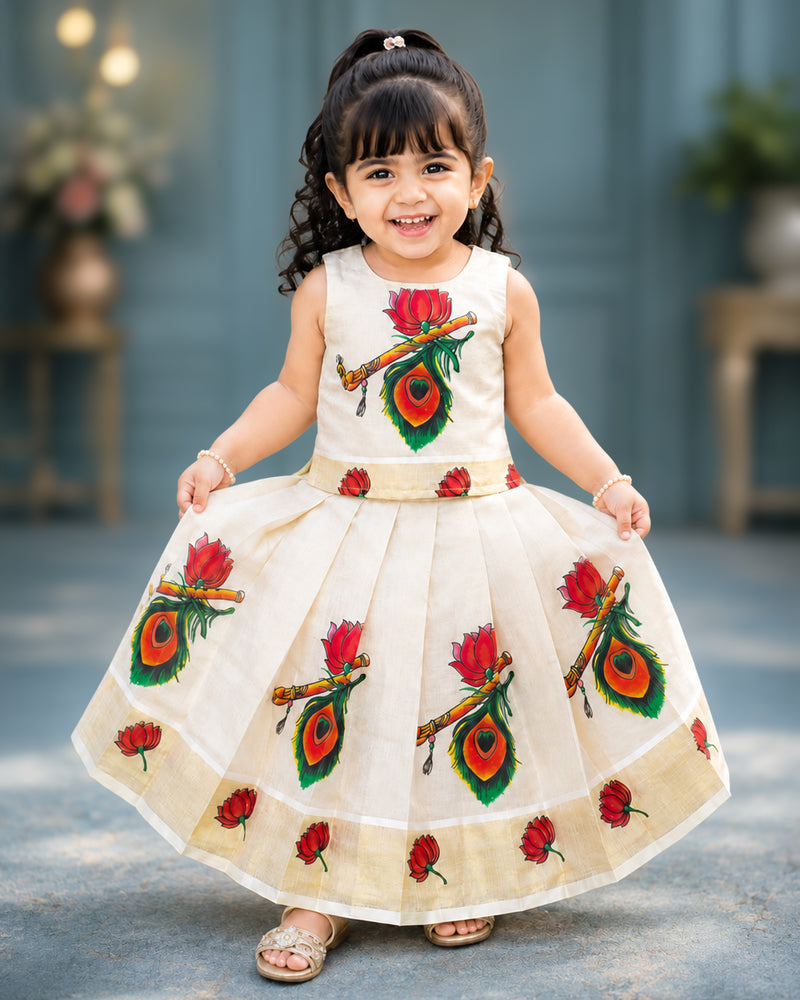 Sandal Shade Lotus Printed Kerala Floral Traditional Lehenga Choli for Baby Girl – Stanwells Kids