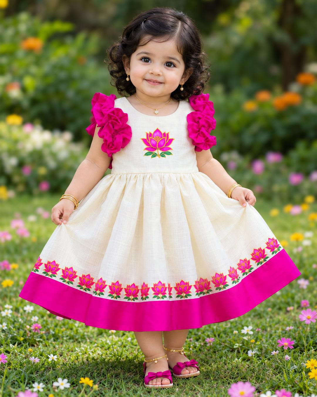 Sandal Shade Lotus Printed Traditional Frock – Front View – Stanwells Kids