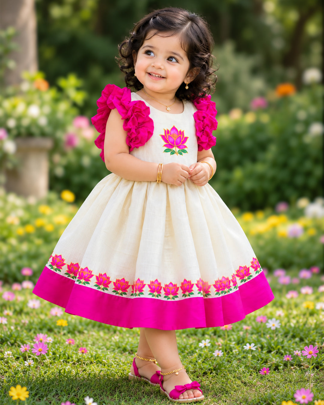 Lotus Print Detailing on Skirt – Sandal Shade Traditional Frock – Stanwells Kids