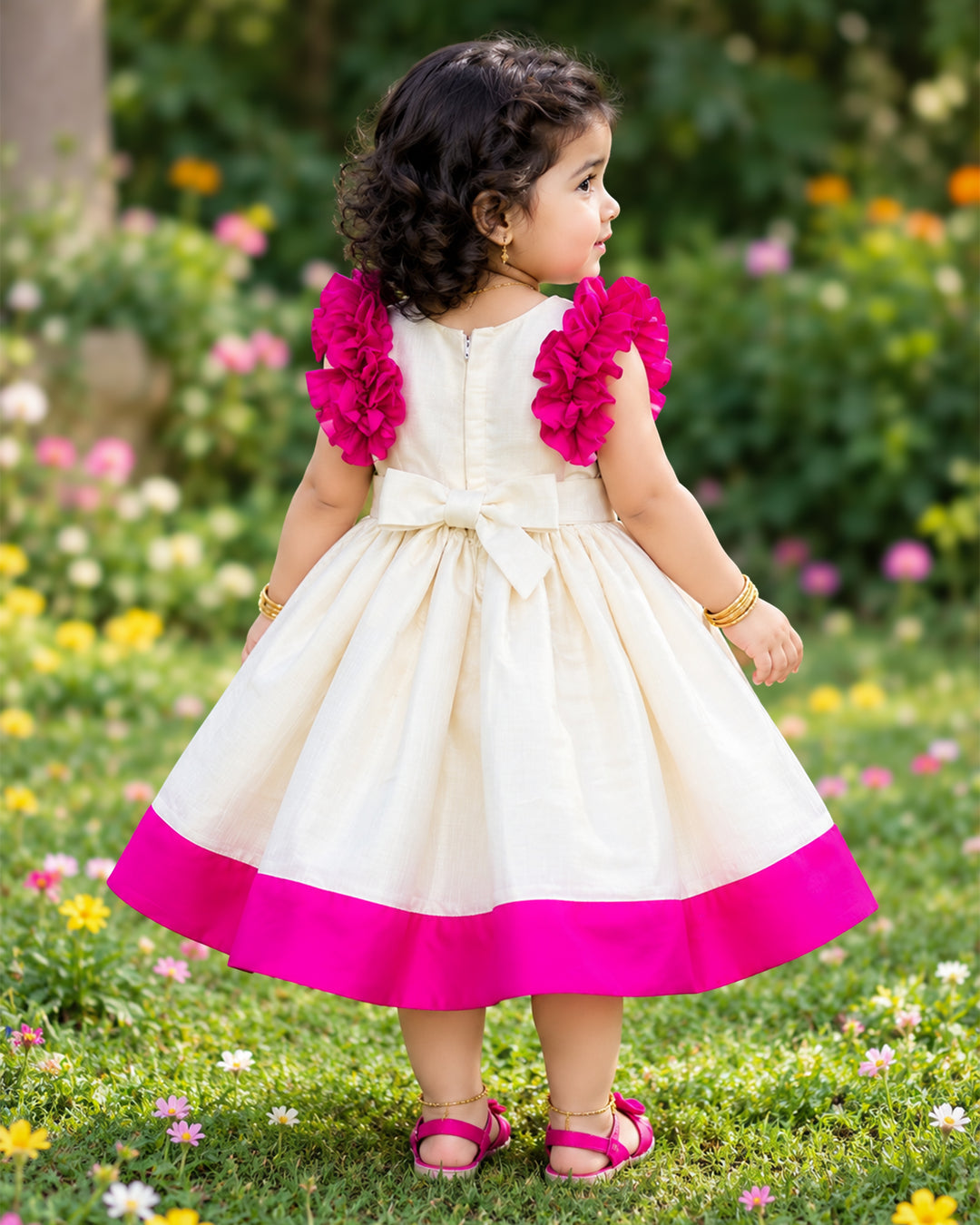 Sandal Shade Lotus Print Frock – Full Length View – Stanwells Kids