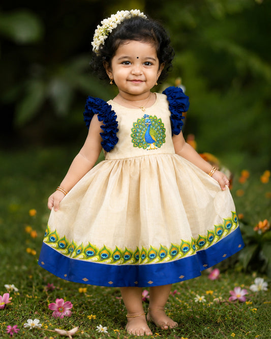 Sandal shade peacock print Onam traditional frock for baby girl – front view, Stanwells Kids