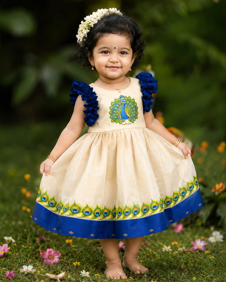 Sandal shade peacock print Onam traditional frock for baby girl – front view, Stanwells Kids