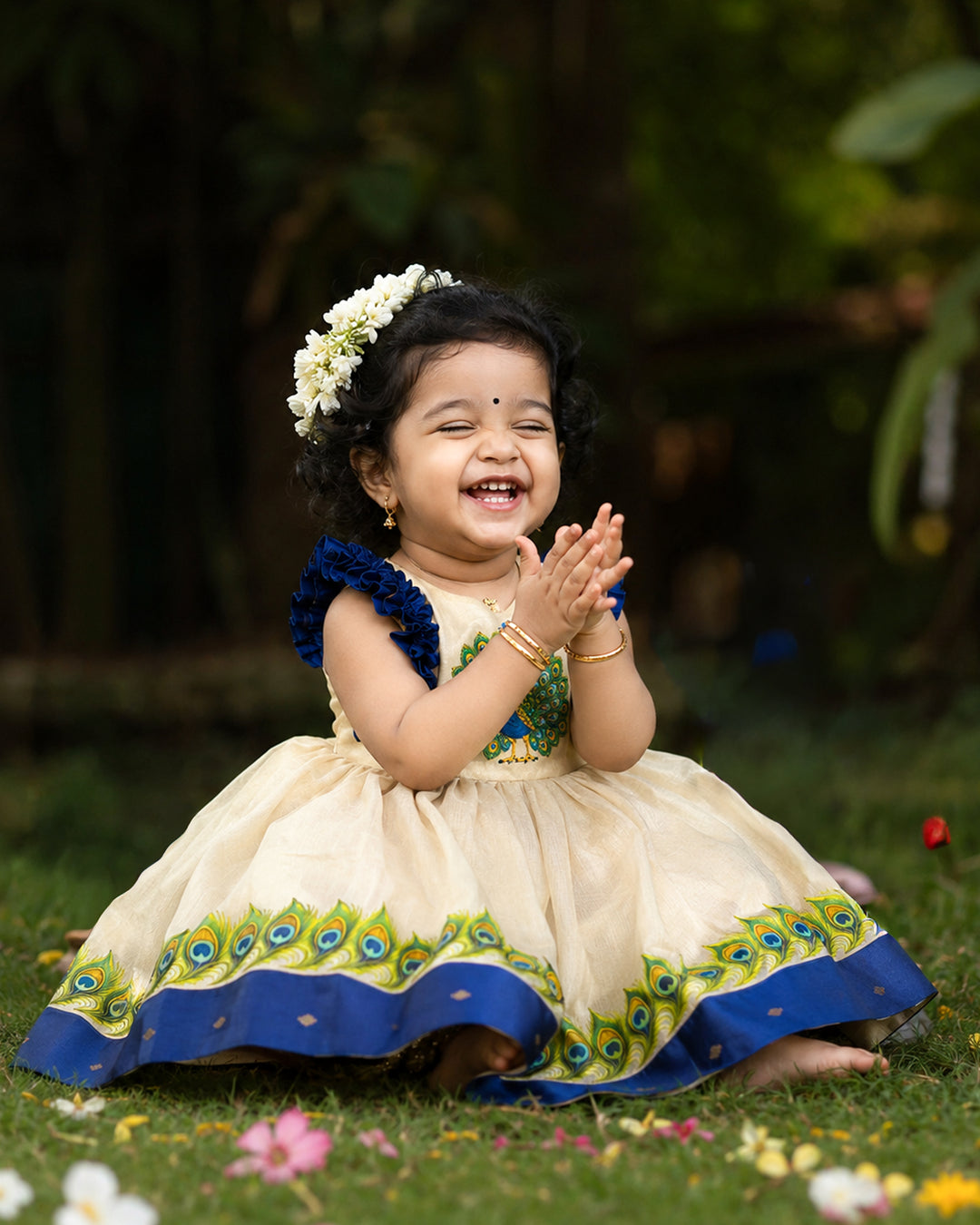 Peacock print yoke detail on sandal shade Onam traditional frock – Stanwells Kids