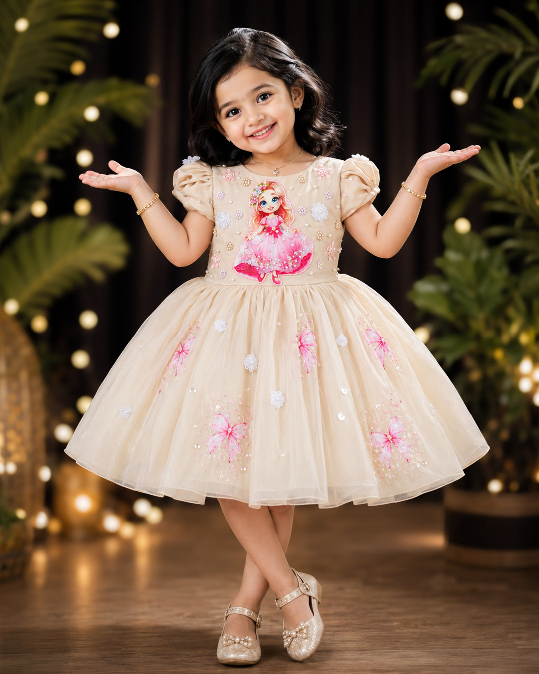 Sandal soft organza princess theme partywear birthday frock for baby girl – front view, Stanwells Kids