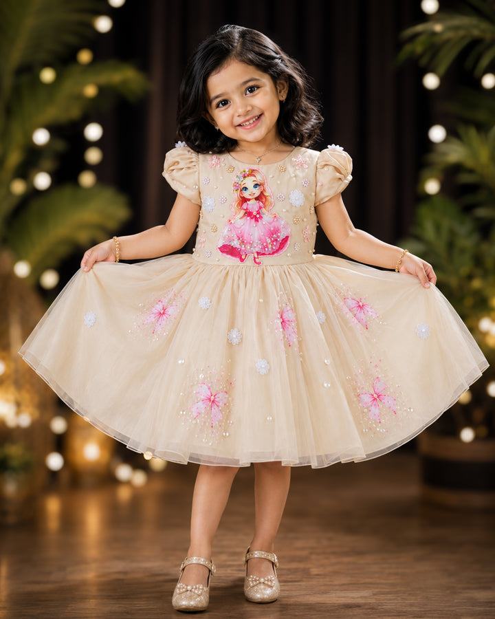 Sandal soft organza princess theme partywear birthday frock for baby girl – front view, Stanwells Kids