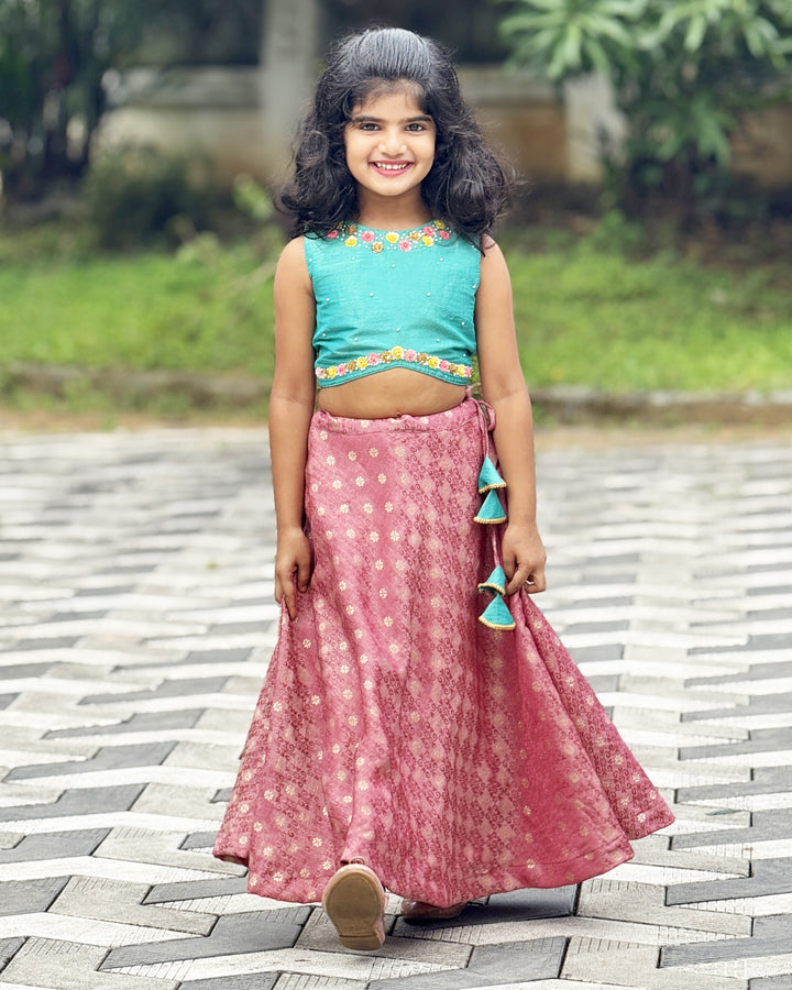 Sea Green Blush Pink Baby Girls Birthday Dress, Silk Handwork Premium Lehenga Choli, Party Wear Dress for Baby Girl
