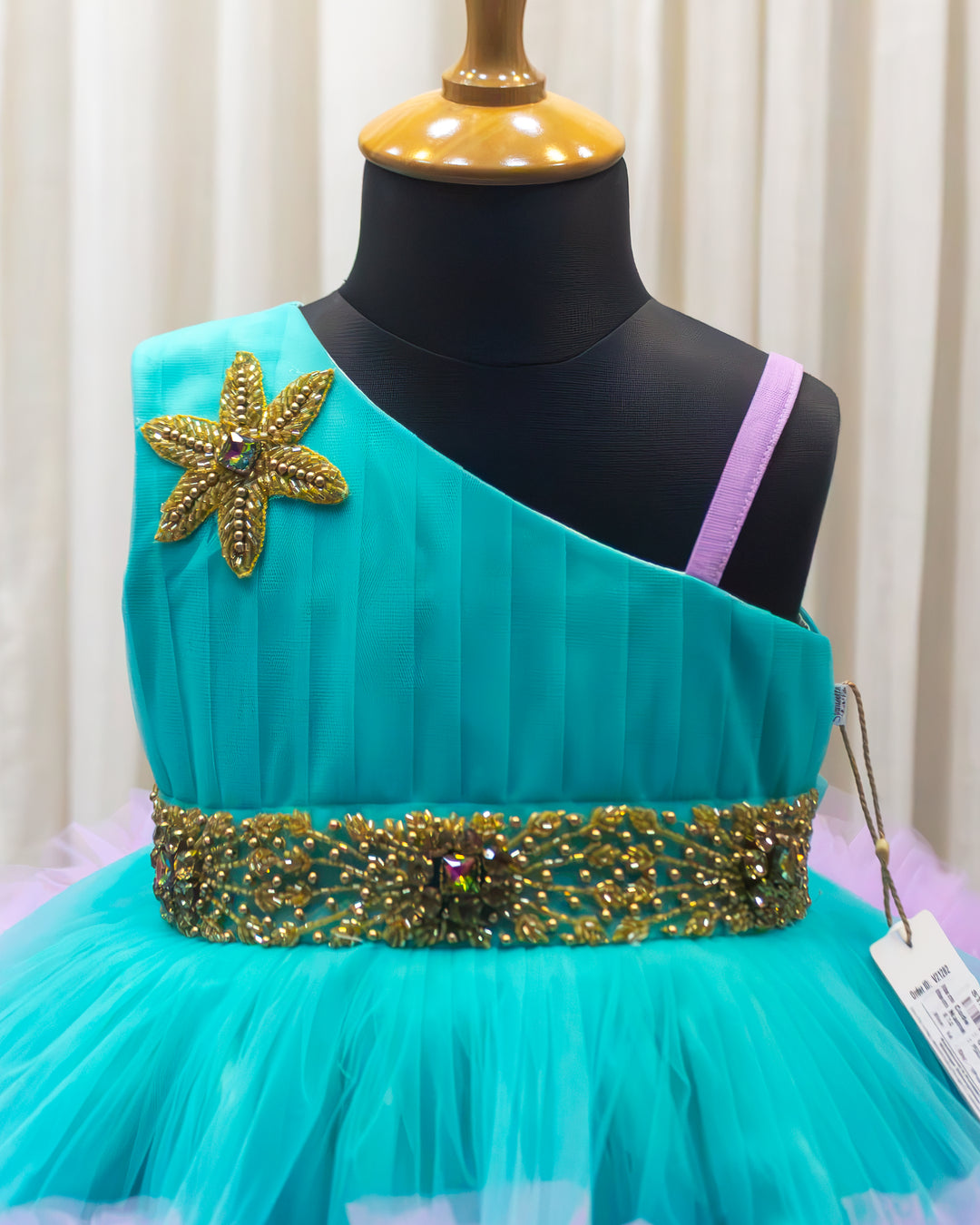 Pleated yoke detail on sea green lilac ruffle partywear frock – Stanwells Kids