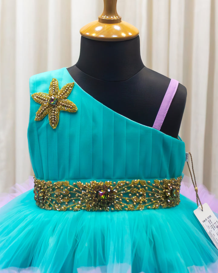Pleated yoke detail on sea green lilac ruffle partywear frock – Stanwells Kids