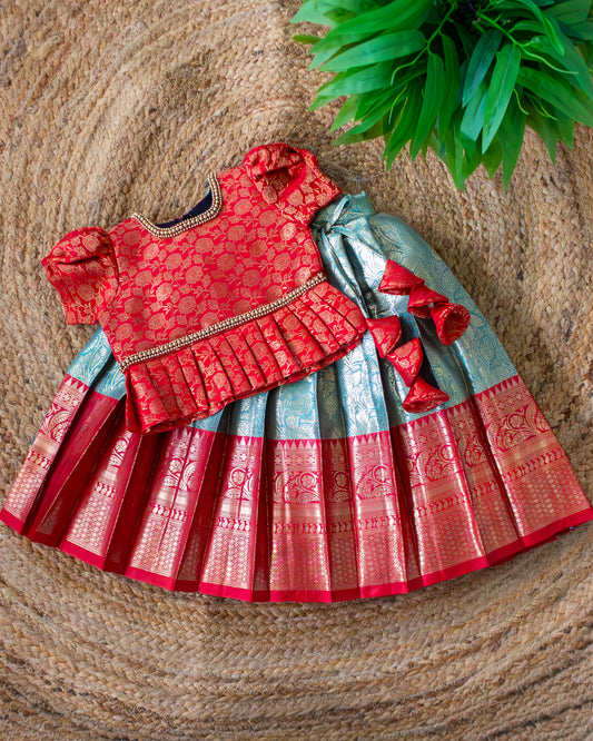 Sea green and red pure Banarasi brocade handwork lehenga choli for baby girl – front view, Stanwells Kids