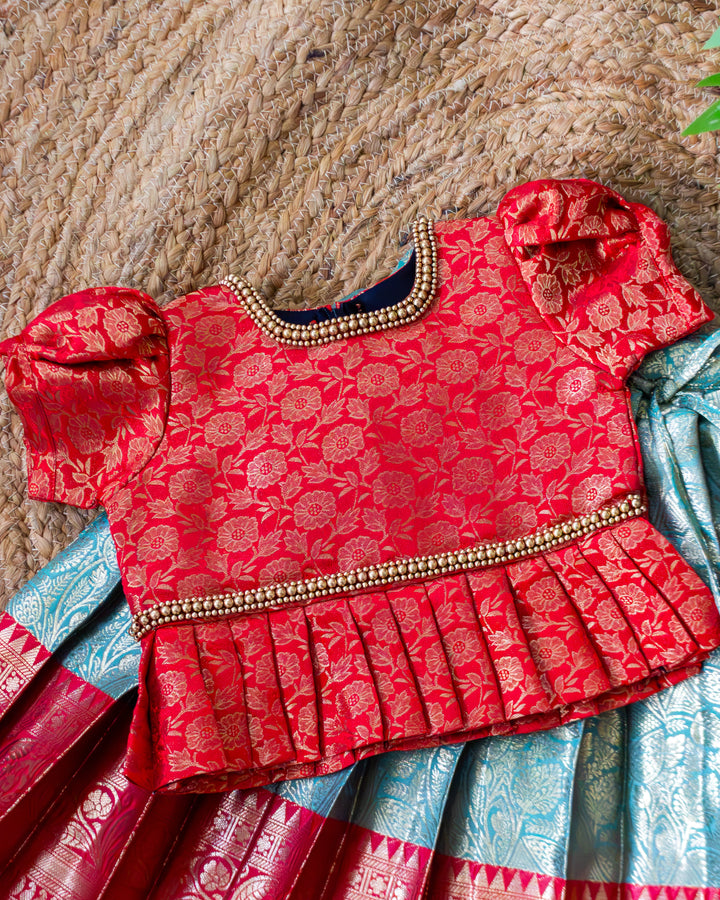 Red brocade handwork blouse with sea green Banarasi lehenga skirt – Stanwells Kids
