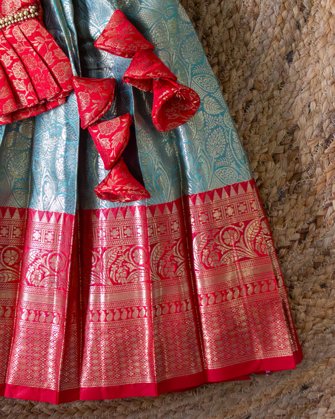 Sea green red Banarasi brocade lehenga choli full look for baby girl – Stanwells Kids