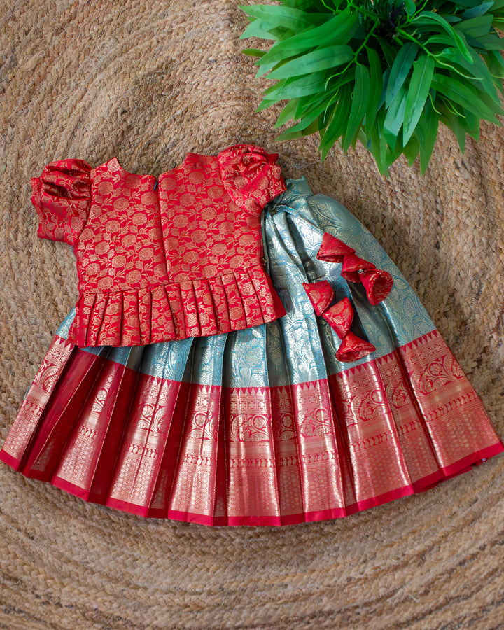Traditional Onam sea green red Banarasi brocade lehenga choli for girls 3 months to 7 years – Stanwells Kids