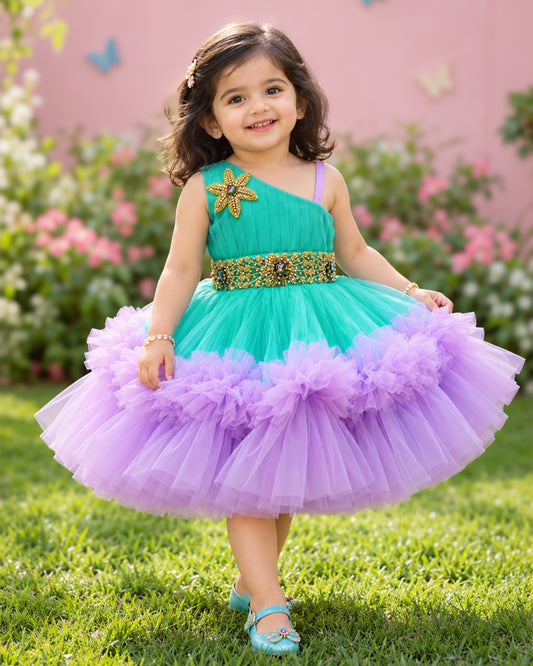 Pleated yoke detail on sea green lilac ruffle partywear frock, front view – Stanwells Kids
