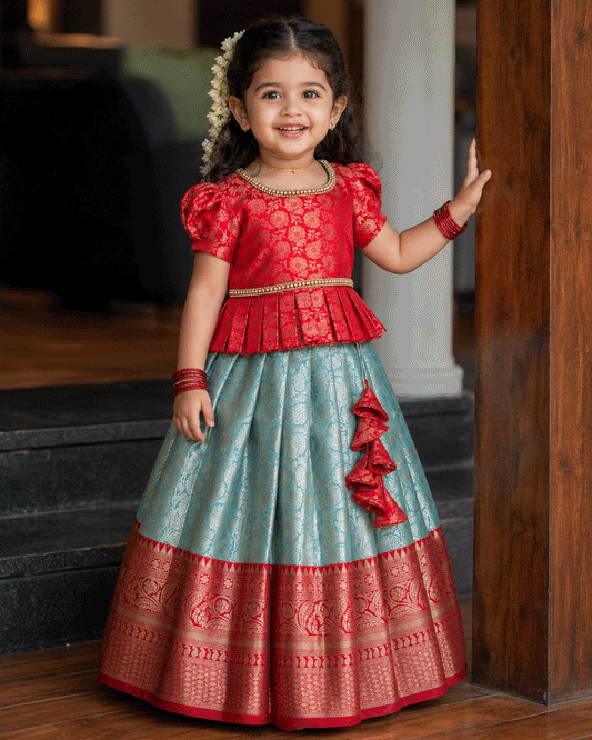 Sea green and red pure Banarasi brocade handwork lehenga choli for baby girl – front view, Stanwells Kids
