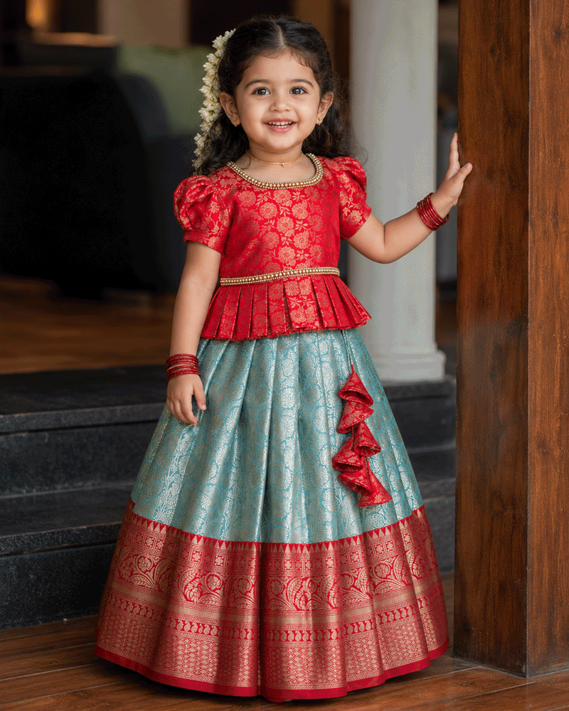 Sea Green & Red Pure Banarasi Brocade Handwork Lehenga Choli for Baby Girl – Stanwells Kids