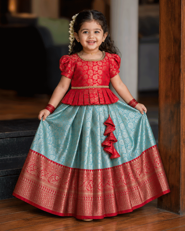 Sea green and red pure Banarasi brocade handwork lehenga choli for baby girl – front view, Stanwells Kids