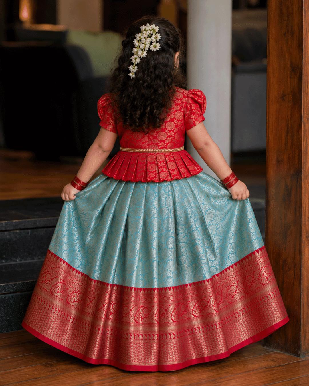 Traditional Onam sea green red Banarasi brocade lehenga choli for girls 3 months to 7 years – Stanwells Kids
