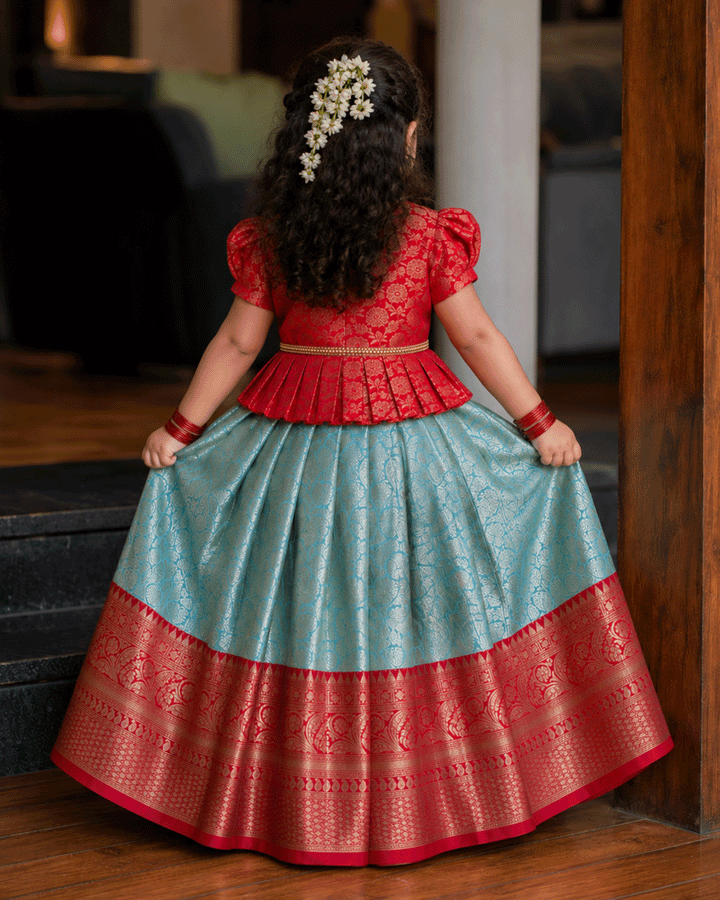Traditional Onam sea green red Banarasi brocade lehenga choli for girls 3 months to 7 years – Stanwells Kids