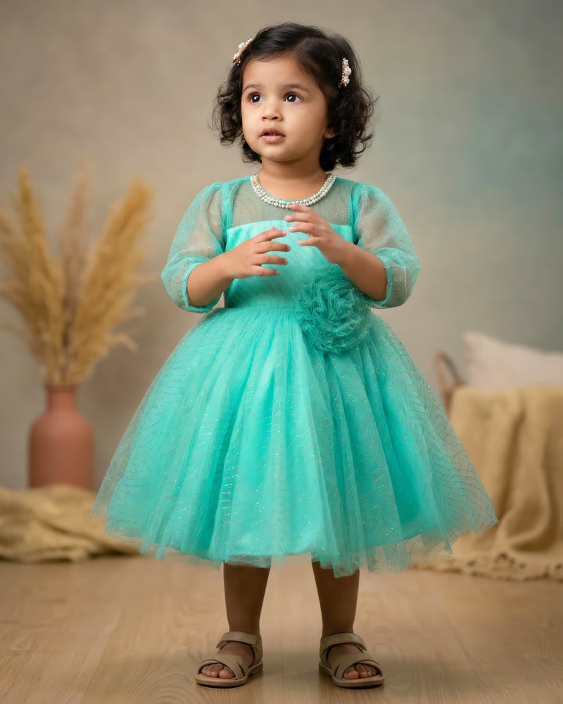 Sea Green Shade Glitter Net Frock – Stylish Partywear Dress for Girls
