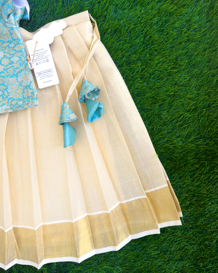 Sky blue tissue brocade Onam lehenga choli full look for girls – Stanwells Kids