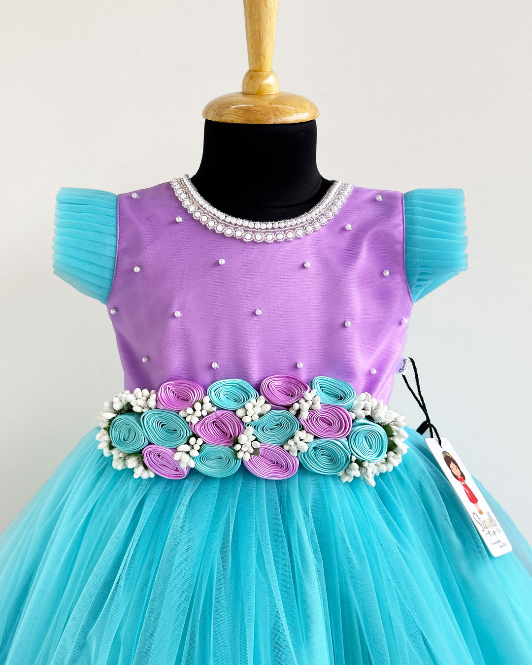 Sky Blue & Lavender Flower Gown – Baby Girls Birthday Dress – Stanwells Kids