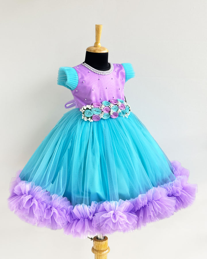 Sky blue lavender baby girls birthday dress, flower gown, designer full-length partywear, kids birthday outfit, Stanwells Kids