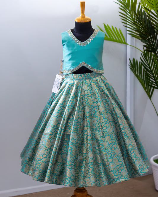 Sky blue premium Banarasi brocade handwork lehenga choli for baby girl – front view, Stanwells Kids