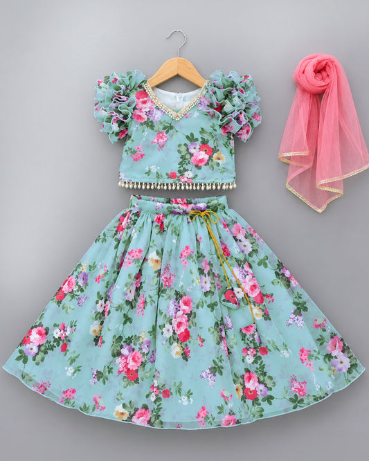 Sky Blue Silky Chiffon Floral Print Lehenga Set – Front View – Stanwells Kids