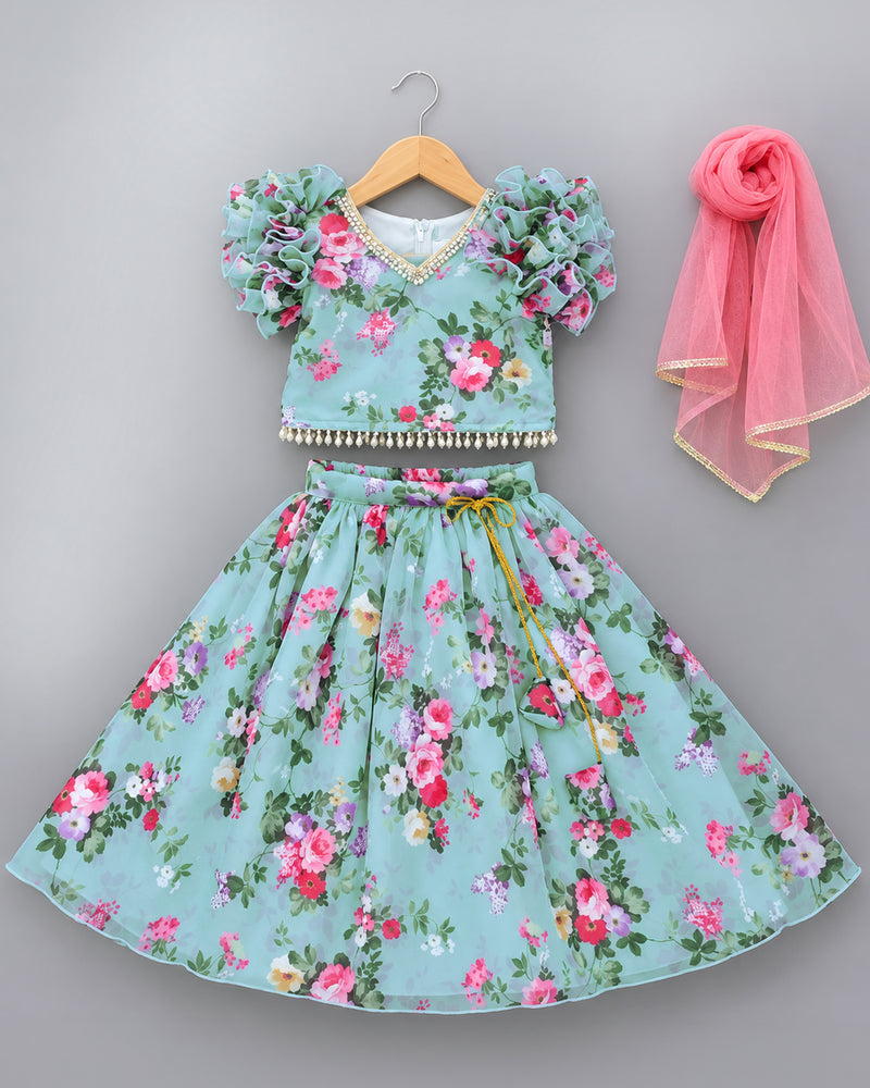 Sky Blue Silky Chiffon Floral Print Lehenga Set for Baby Girl – Stanwells Kids