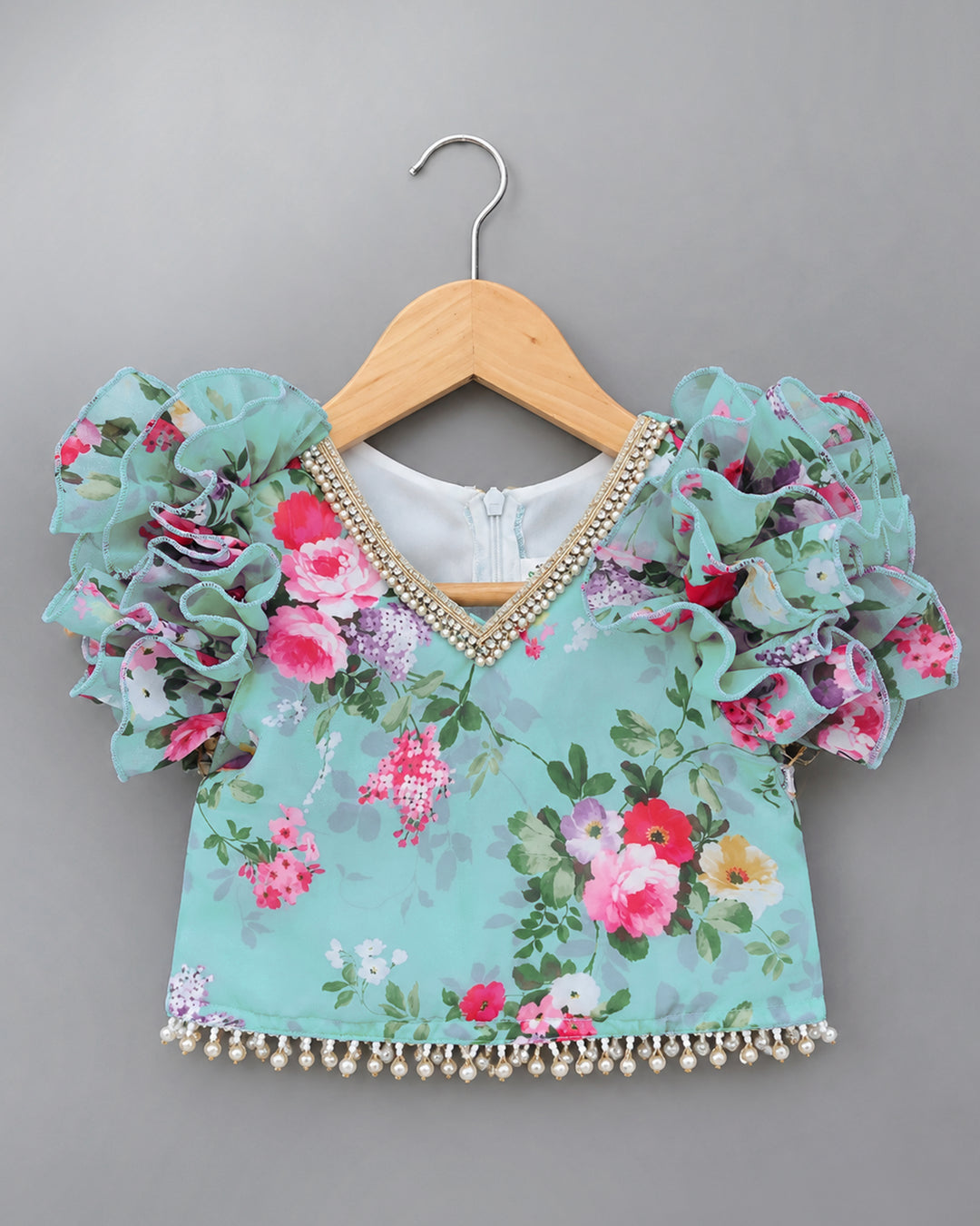 Floral Print Flared Lehenga Skirt – Sky Blue Chiffon – Stanwells Kids