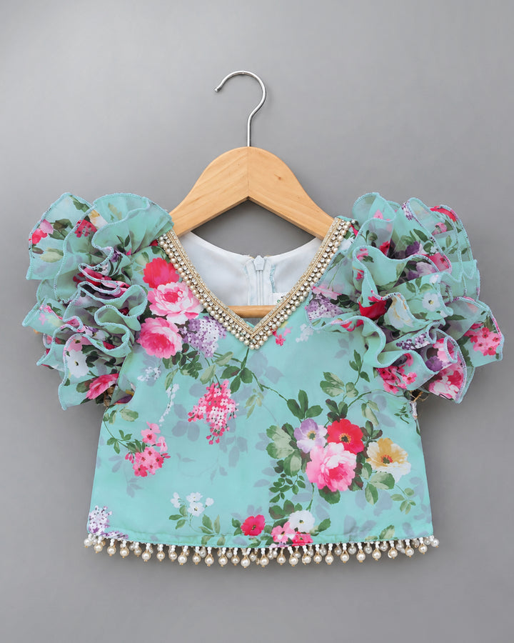 Floral Print Flared Lehenga Skirt – Sky Blue Chiffon – Stanwells Kids