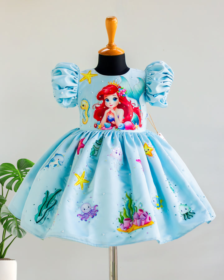 Sky blue silky satin mermaid theme handwork frock for baby girl – front view, Stanwells Kids