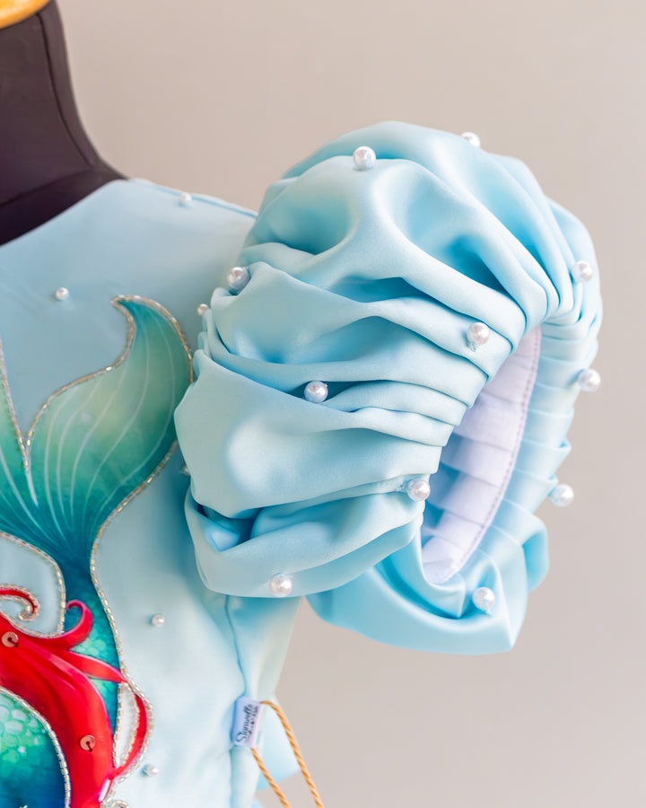 Sky blue mermaid theme satin frock side view for baby girl – Stanwells Kids