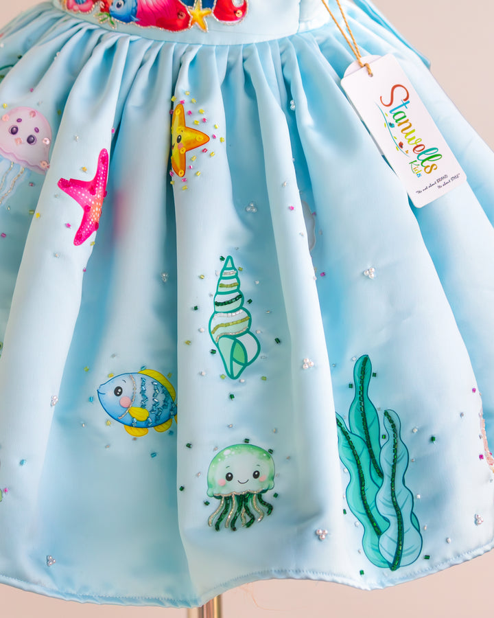 Back view of sky blue silky satin mermaid theme birthday frock – Stanwells Kids