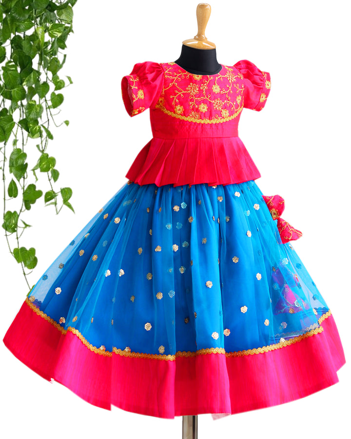 Sky Blue & Pink Combo Baby-Girl Readymade Sequins Embroidery South Indian Lehenga Choli