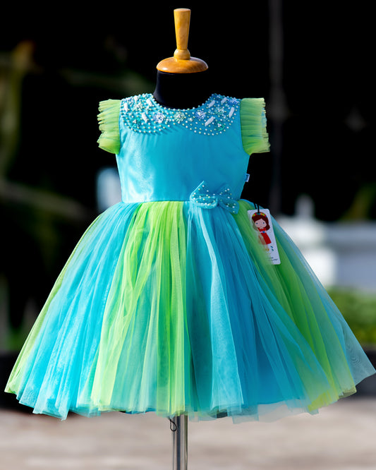 Sky blue and pista green Peter Pan collar pearls handwork layer frock for baby girl – Stanwells Kids