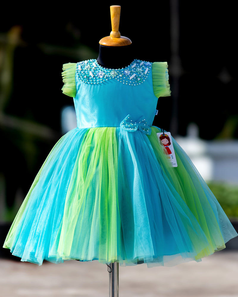 Sky Blue & Pista Green Peter Pan Collar Pearls Handwork Layer Frock for Baby Girl – Stanwells Kids